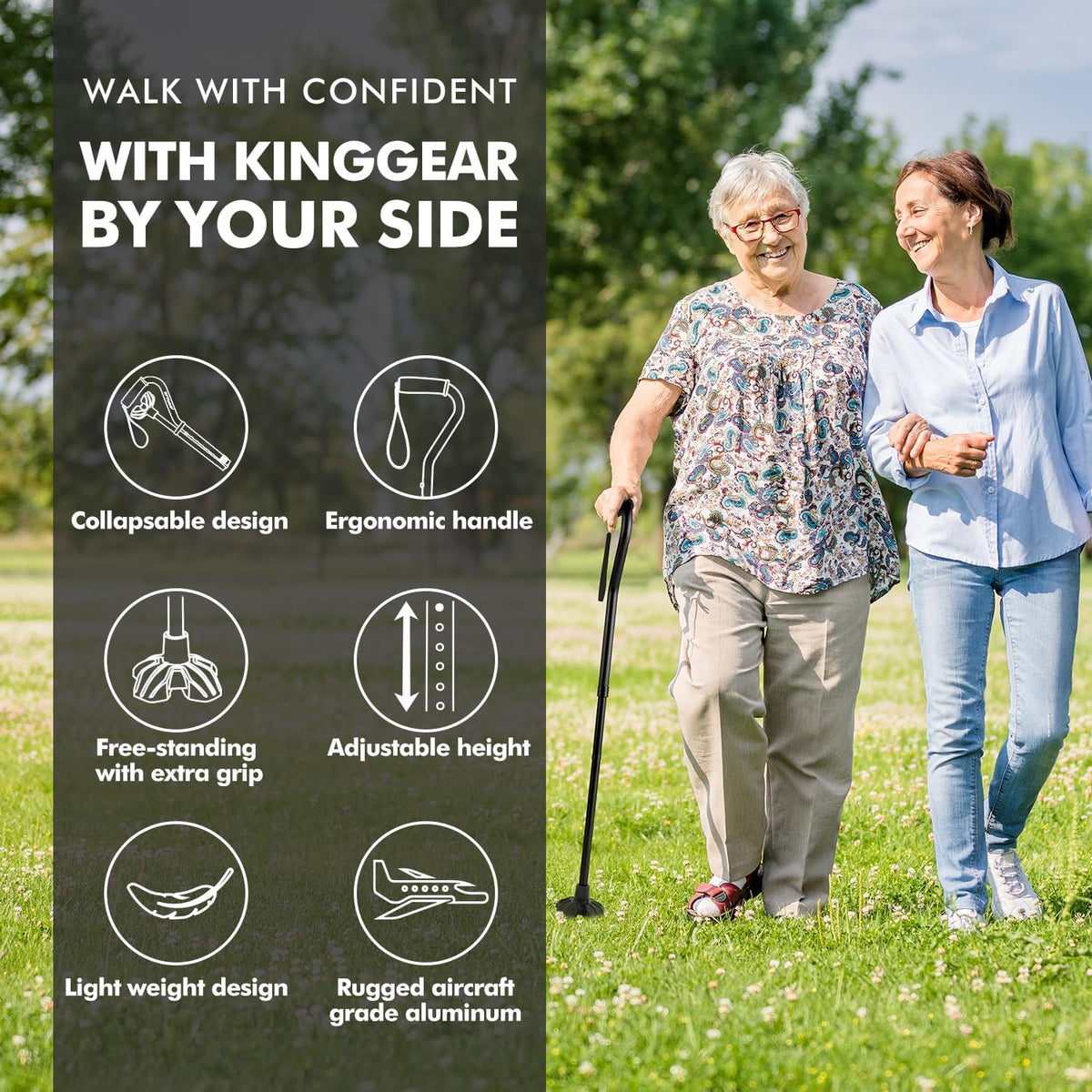 Self Standing Walking Cane Quad Base for Seniors | Lightweight aluminum, foldable design, 31–36 in adjustable height, EVA offset handle, self-standing quad base