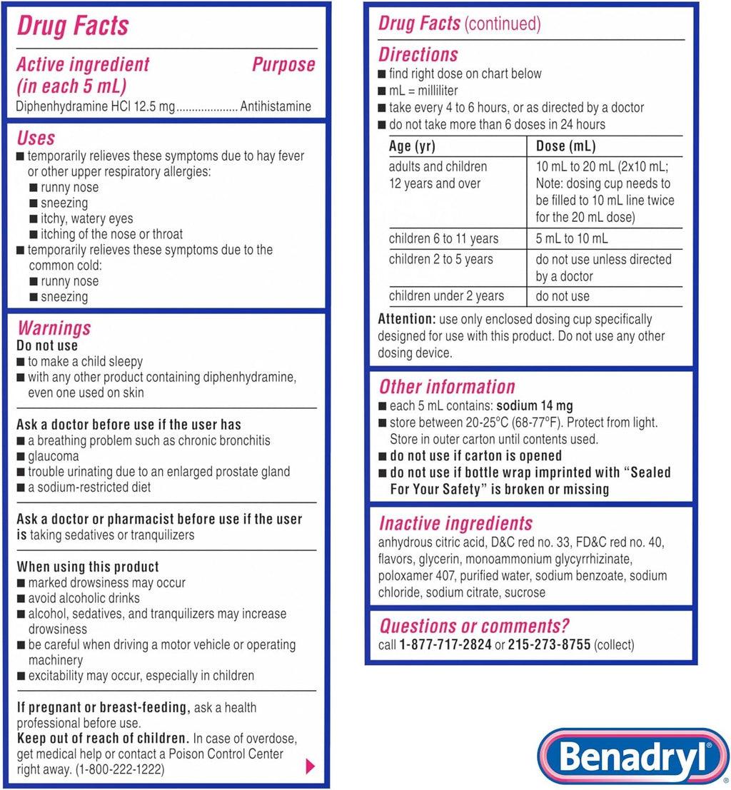 Benadryl Allergy Medicine Liquid, Diphenhydramine HCl, Wild Cherry, 4 fl oz | Antihistamines for Adults, Alcohol-Free, Hay Fever Allergy Relief for Sneezing, Runny Nose, Itchy & Watery Eyes