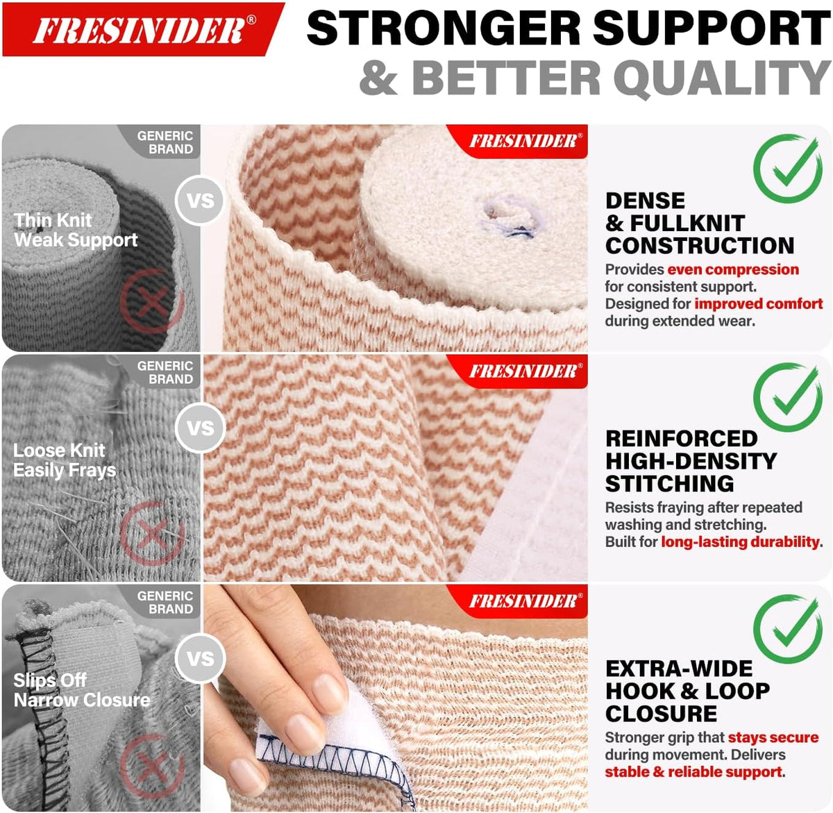 FRESINIDER Premium Elastic Bandage Wrap 5 Inch, 6 Pack, Hook and Loop | Wide 5-Inch Cotton Compression Wrap for Knee, Shoulder and Thigh; Firm Support for Sprains, Swelling and Sports Recovery.