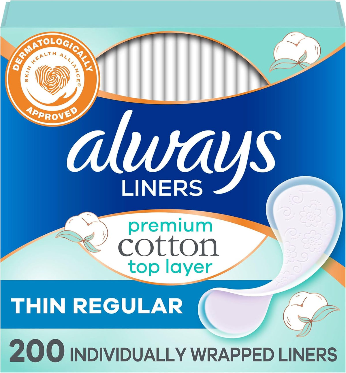 Always Panty Liners for Women Premium Cotton Liners 200 Count
