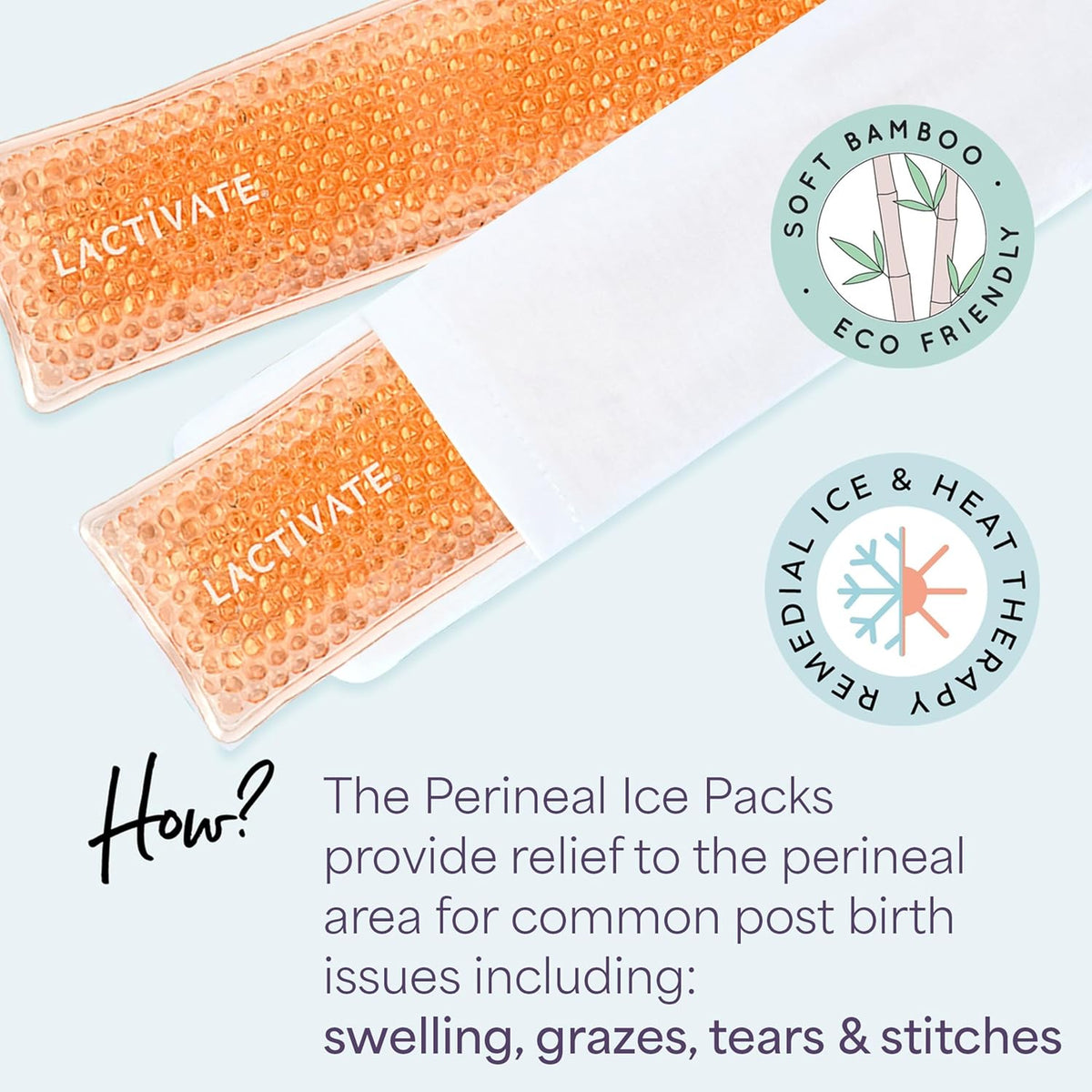 Lactivate Perineal Ice Pack for Maternity Postpartum Care - Set of Two Reusable Hot & Cold Gel Pads with 4 Soft Bamboo Covers for Vaginal Tears - Hospital Bag Maternity Essentials for New Mums