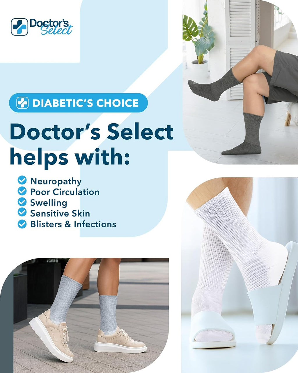 Doctor's Select® Diabetic Socks for Men - 4 Pairs Non Binding Neuropathy Socks for Swollen Feet, Work, Travel & Comfort