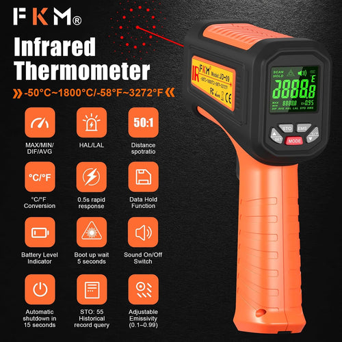 -58°F ~3272°F FKM Infrared Thermometer High Temperature Gun 50:1 Ratio | Digital IR Temp Gun,High Precision-Laser Thermometer Gun for Cooking,Kilns,Forges,Engine,HVAC,Industrial and Home Repair
