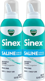 Vicks Sinex SALINE Nasal Spray, Drug Free Ultra Fine Mist, Clear Everyday Sinus Congestion Fast, Clear Mucus from a Cold or Allergy, Daily Use 5.0 fl oz x 2