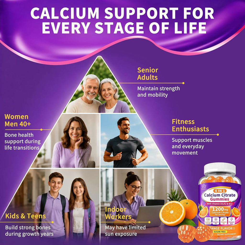 2 Packs Calcium Citrate Gummies 1200mg with Vitamin D3 K2 B12, 4-in-1 High Absorption Calcium Supplement for Women Men, Bone Teeth Muscle Support, Calcium Gummies for Adults,Sugar Free,Orange Flavor