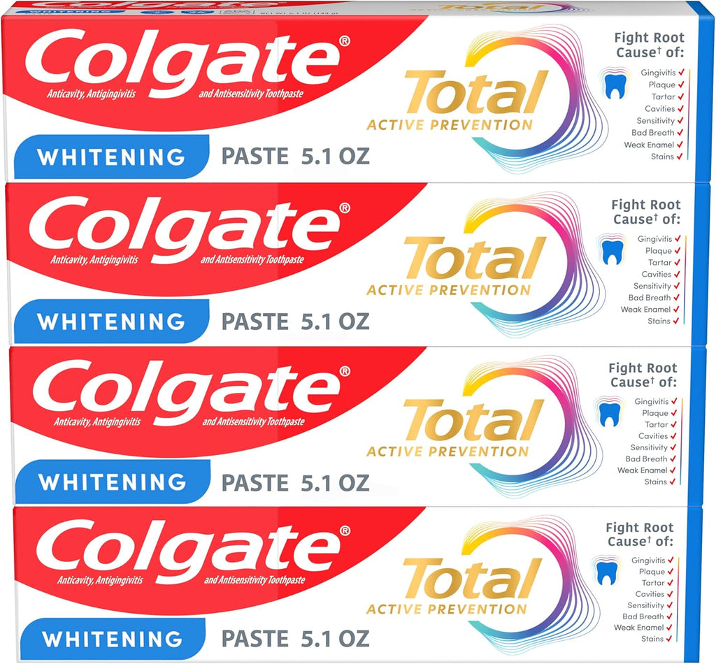 Colgate Total Whitening Toothpaste with Fluoride, Bulk 4 Pack, 5.1 oz | Mint Flavor, Anticavity, Antigingivitis, Antisensitivity Toothpaste, Helps Remove Stains, Fights Bacteria