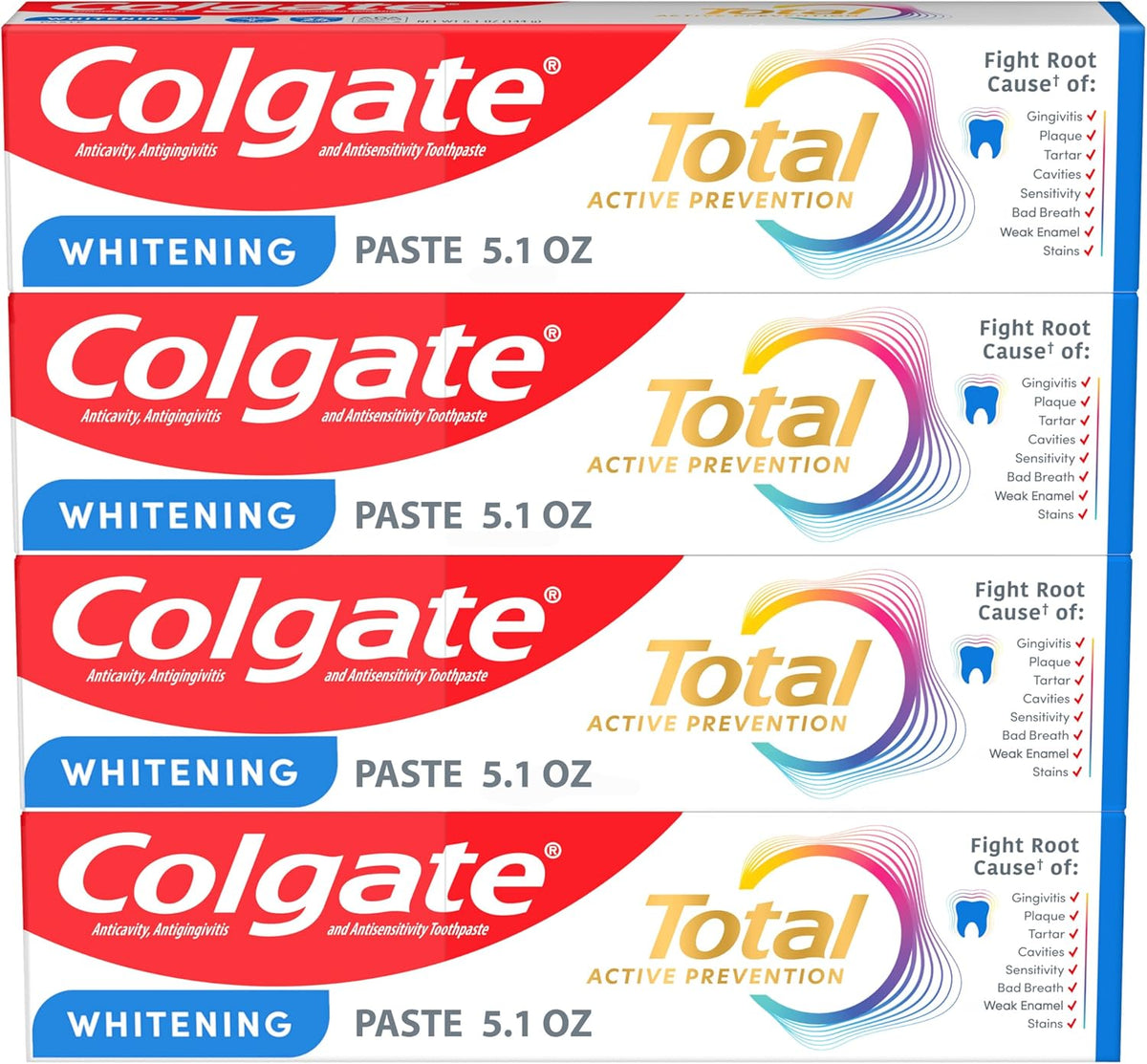 Colgate Total Whitening Toothpaste with Fluoride, Bulk 4 Pack, 5.1 oz | Mint Flavor, Anticavity, Antigingivitis, Antisensitivity Toothpaste, Helps Remove Stains, Fights Bacteria