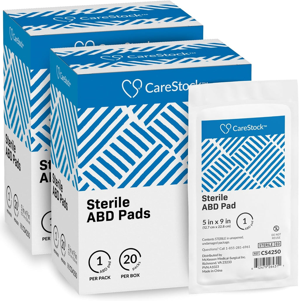 CareStock Abdominal Pad - Highly Absorbent Nonwoven Cellulose ABD Pads, Wound Care First Aid - Individually Packed, Sterile - 5 in. x 9 in., 20 Count, 2 Packs, White