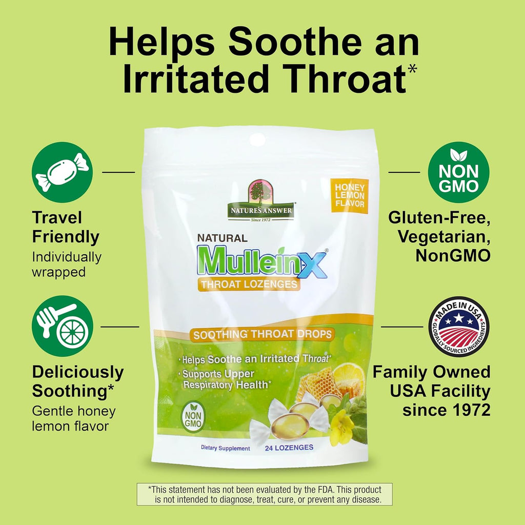 Nature's Answer Mullein-X Respiratory Soothing Throat Lozenges 24-Count - Alcohol-Free Herbal Cough Support with Mullein, Marshmallow, English Ivy & Honey - Non-GMO, Gluten-Free