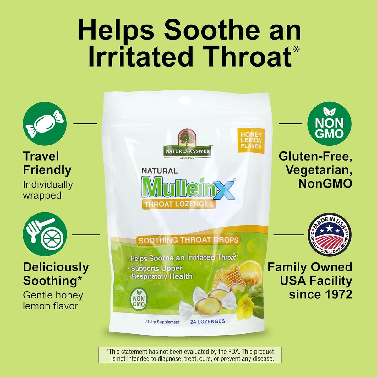 Nature's Answer Mullein-X Respiratory Soothing Throat Lozenges 24-Count - Alcohol-Free Herbal Cough Support with Mullein, Marshmallow, English Ivy & Honey - Non-GMO, Gluten-Free