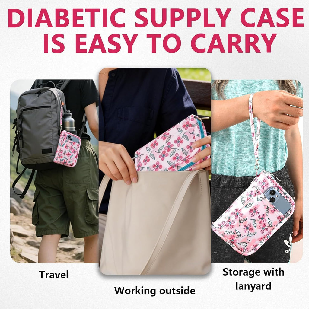 Lightweight Diabetes Travel Case, Diabetic Bag, Pink Flora | Portable Diabetic Supplies Travel Case for Glucometer, Blood Sugar Test Strips, Lancets & Syringes?Case Only ?