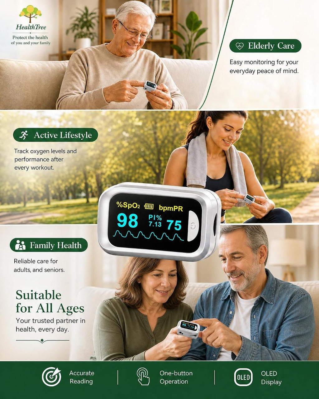 Fingertip Pulse Oximeter Blood Oxygen Saturation Monitor Pulse Ox, Heart Rate and Fast Spo2 Reading Oxygen Meter with OLED Screen Included Lanyard and 2 X AAA Batteries