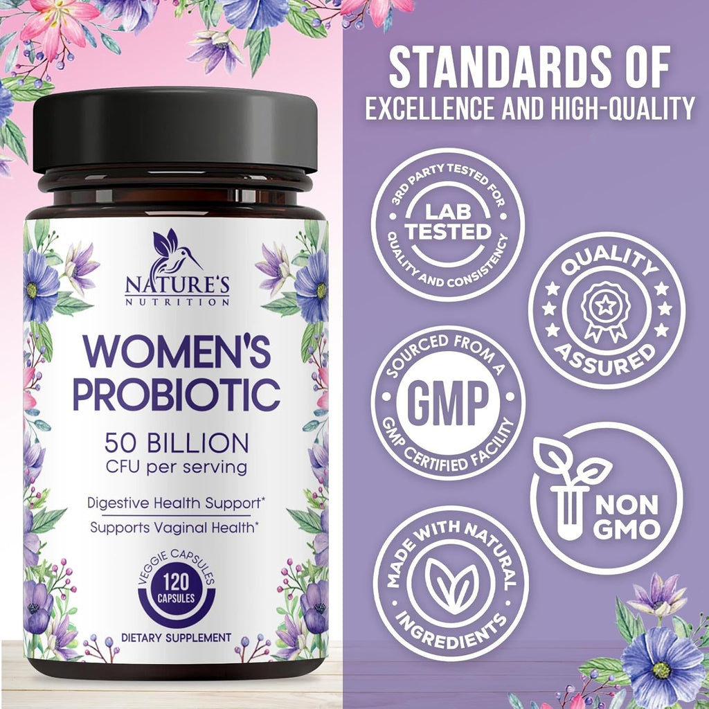 Women’s Probiotics 50 Billion CFU Guaranteed, Vegan Probiotic Strains, Supports Womens Digestive, Immune, Vaginal, & Urinary Health, Delayed Release, No Soy Gluten Nature's Probiotic - 120 Capsules