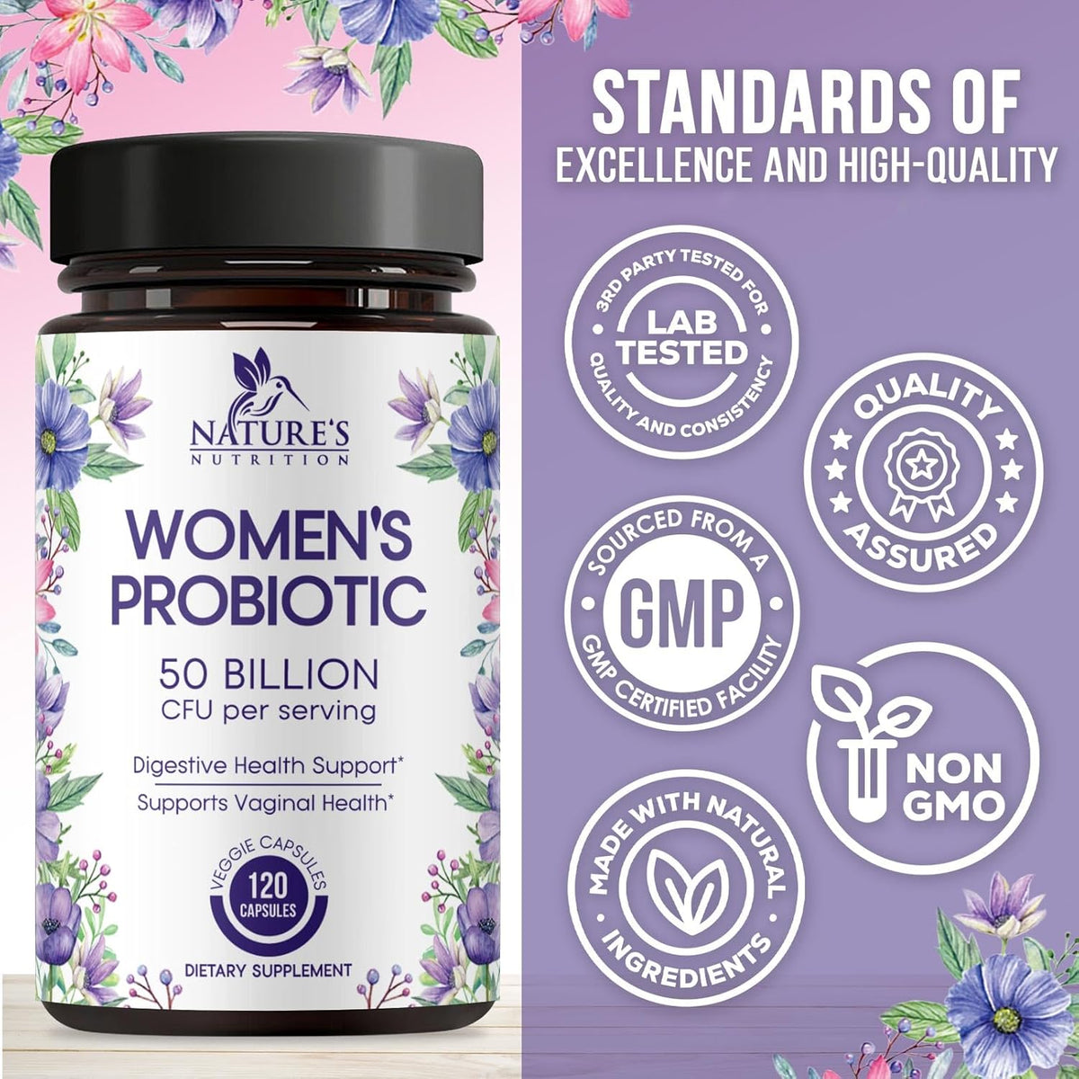 Women’s Probiotics 50 Billion CFU Guaranteed, Vegan Probiotic Strains, Supports Womens Digestive, Immune, Vaginal, & Urinary Health, Delayed Release, No Soy Gluten Nature's Probiotic - 120 Capsules