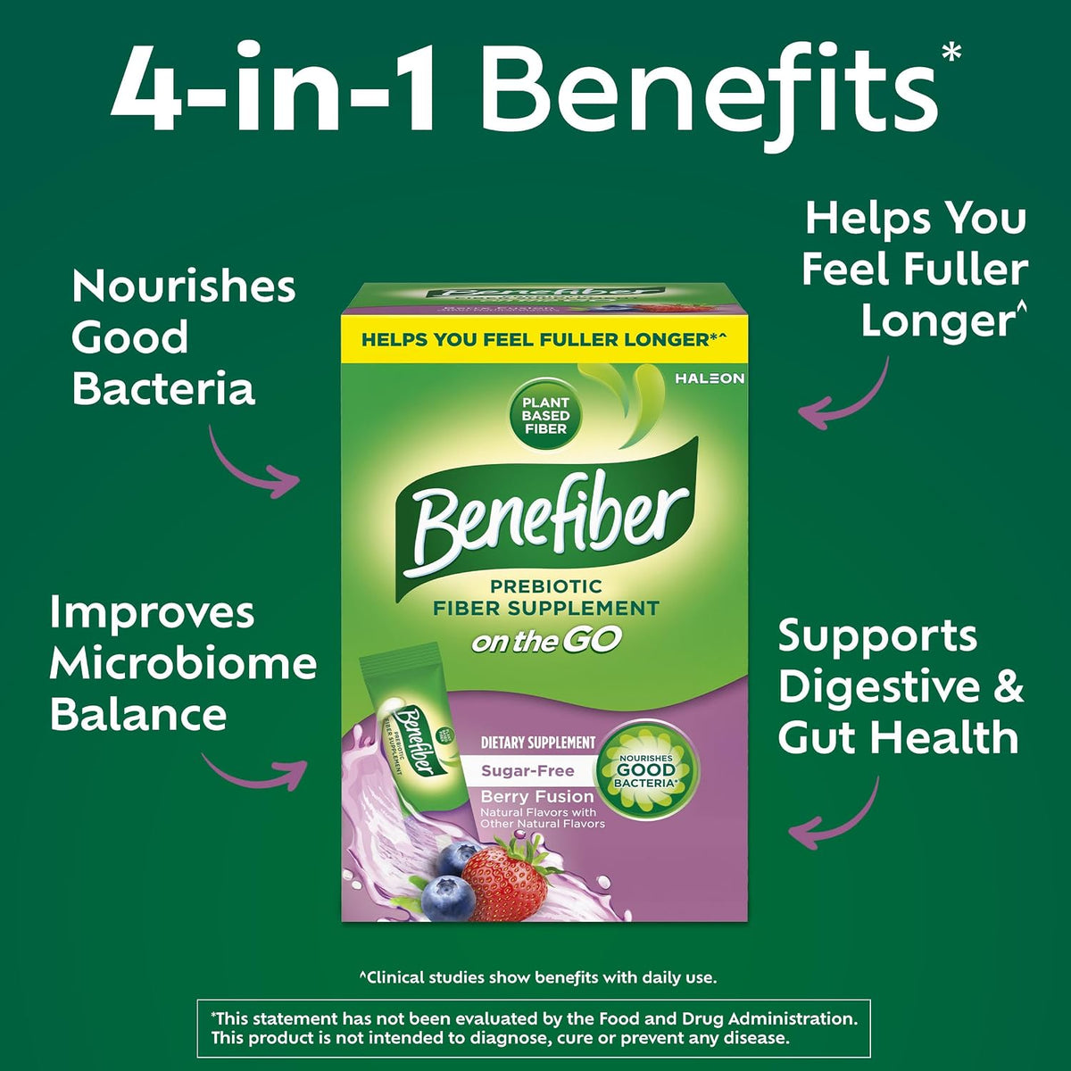 Benefiber Prebiotic Fiber Supplement Powder, Berry Fusion, 24 Stick Packs