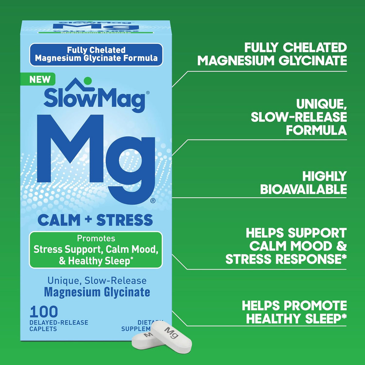 SlowMag Magnesium Glycinate Caplets, 100 Count, Slow-Release, Calm & Stress Support, Healthy Sleep, Gentle on Stomach, Chelated Magnesium Glycinate Supplements for Women & Men