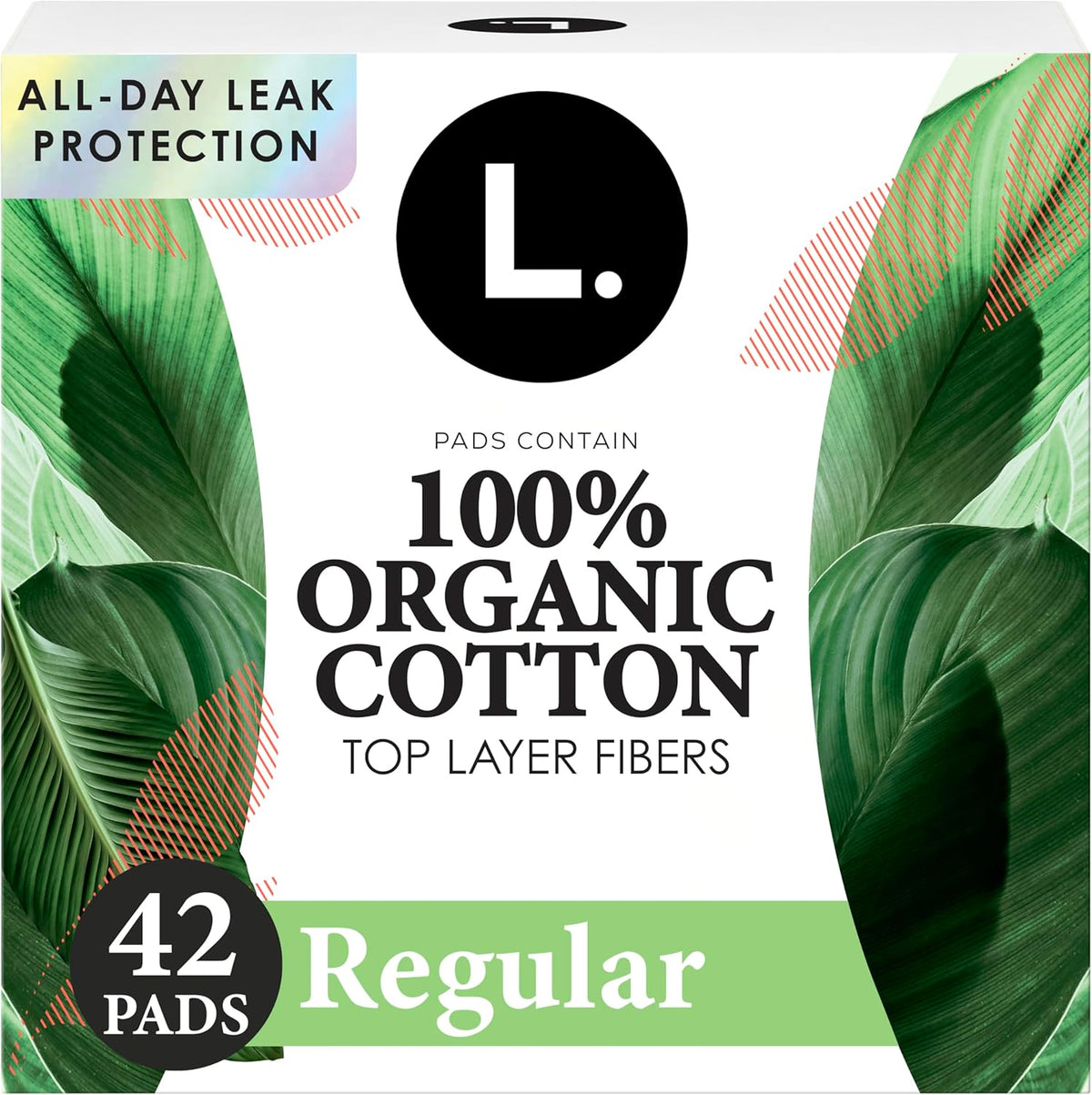 L. Ultra Thin Pads for Women, Organic Cotton Top Layer, Regular Absorbency, Menstrual Pads with Wings, Made Without Synthetic Pesticides and Fragrances, 42 Count
