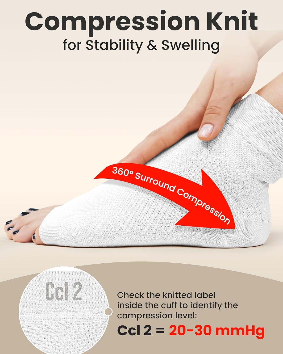 KEMFORD Ankle Compression Sleeve - 1-Pair, Plantar Fasciitis Braces - Open Toe Compression Socks for Swelling, Sprain, Neuropathy, Foot Arch Support for Men and Women - 20-30mmhg, M, White