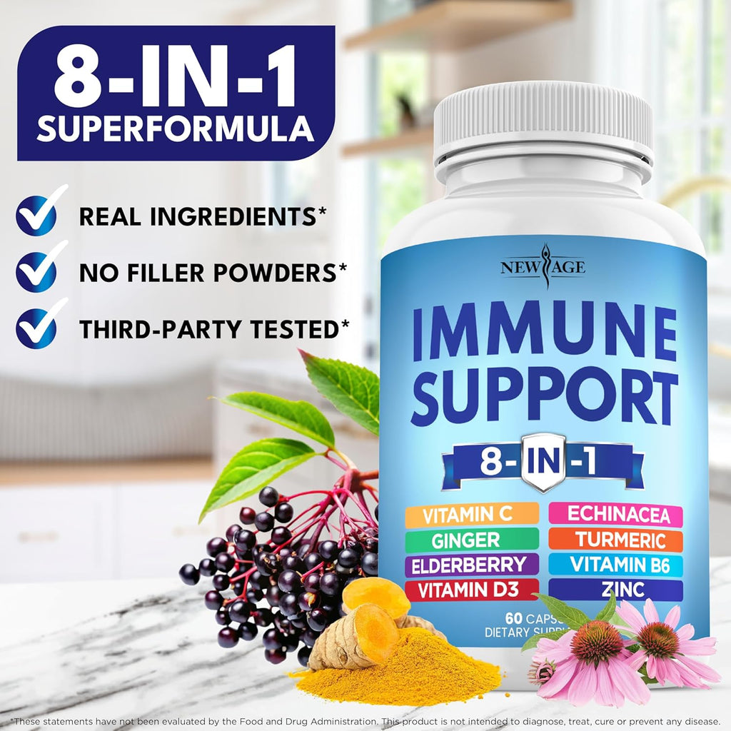 NEW AGE 8 in 1 Immune Support Booster Supplement with Echinacea, Vitamin C and Zinc 50mg, Vitamin D 5000 IU, Turmeric Curcumin & Ginger, B6, Elderberry 120 Count (Pack of 2)