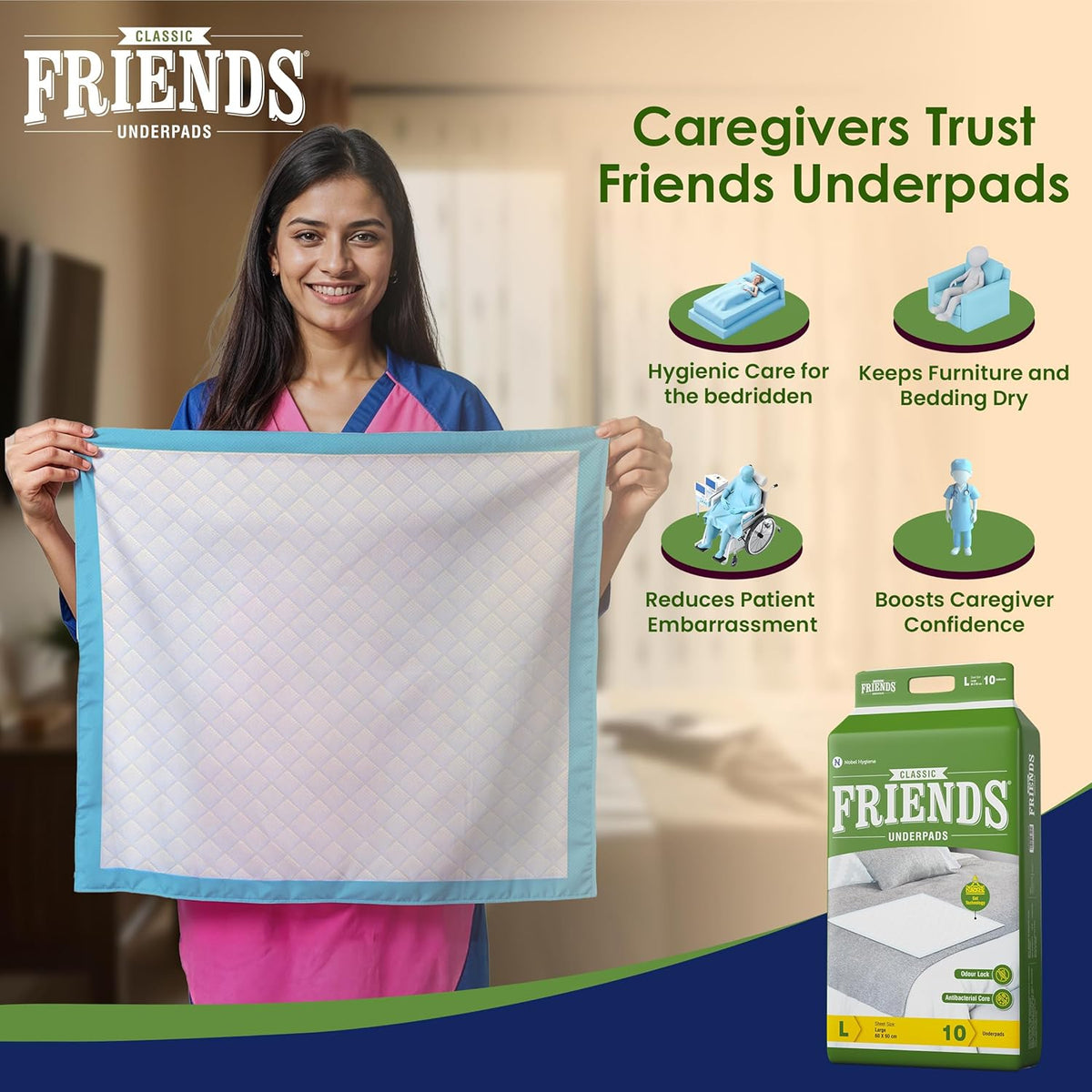 Friends Classic Large Disposable Underpads for Adults (60x90 cm) | 30 Count | Highly Absorbent | Unisex | Rash Protection | Converts Liquids to Gel | Cottony Soft | Anti-Bacterial & Leak-Proof