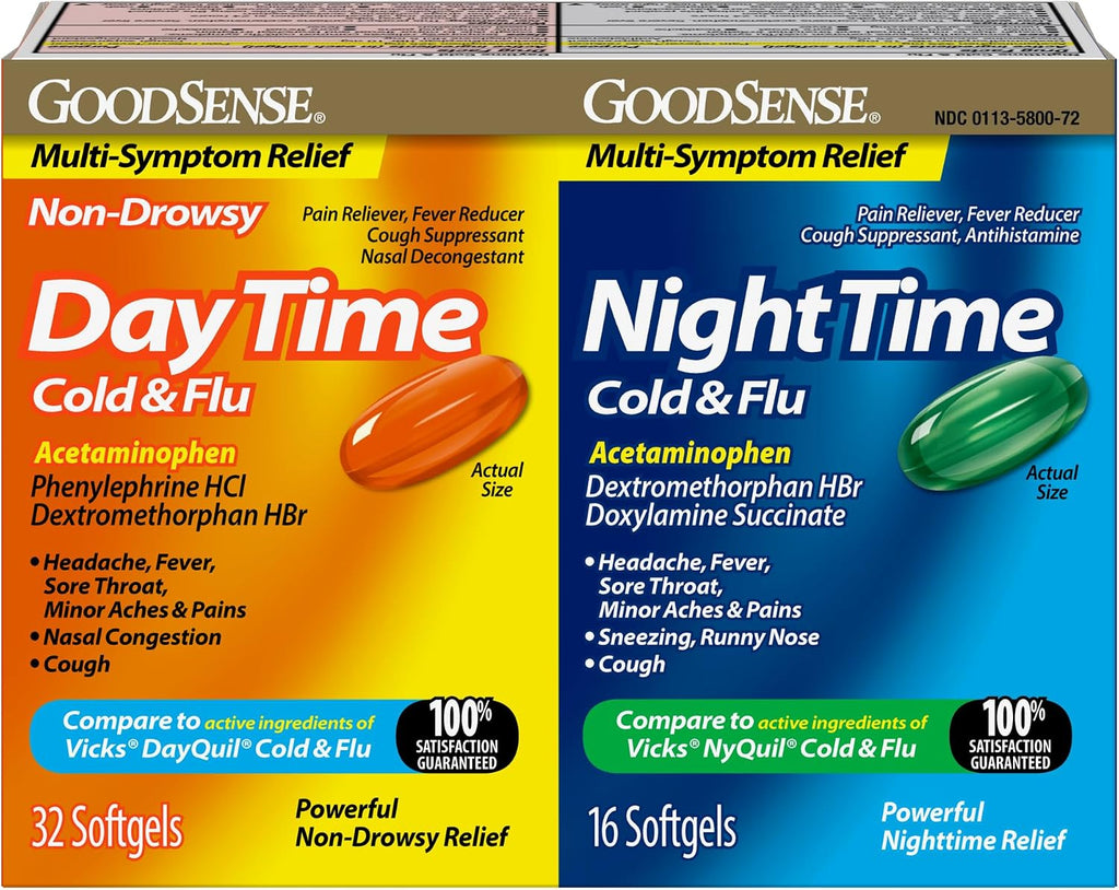 Good Sense Cold and Flu Relief Combo Pack, Daytime and Nighttime Softgels, Cold Medicine for Day and Night, 32+16 CT