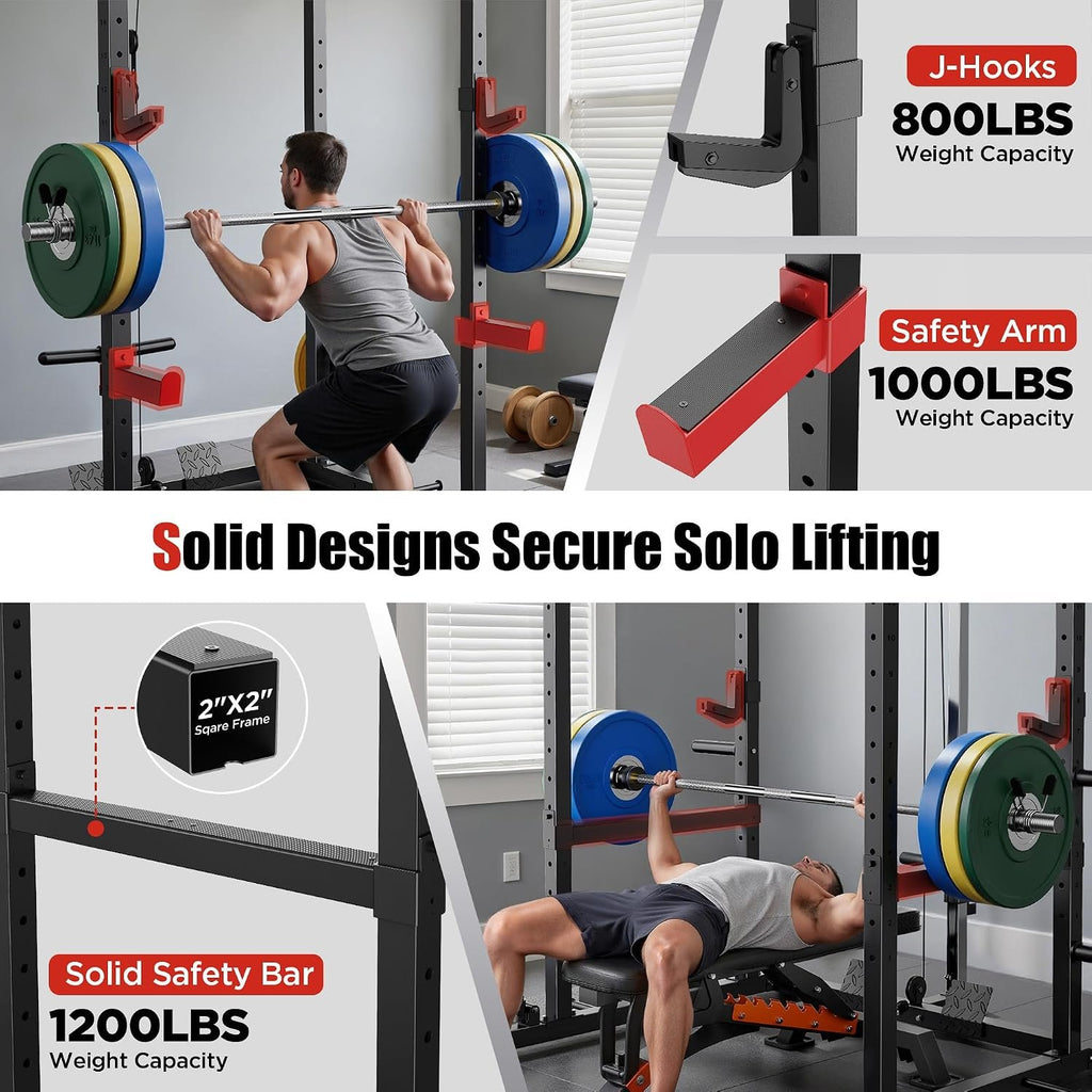 SPORTSROYALS Power Rack, Multi-Functional Power Cage, Squat Rack with Pulley System & LAT Pull Down, Workout Cage with J Hooks for Home Gym