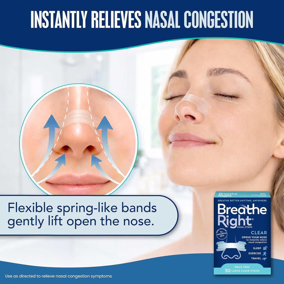 Breathe Right Nasal Strips, Relieves Nasal Congestion, Large, Clear, 30 ct