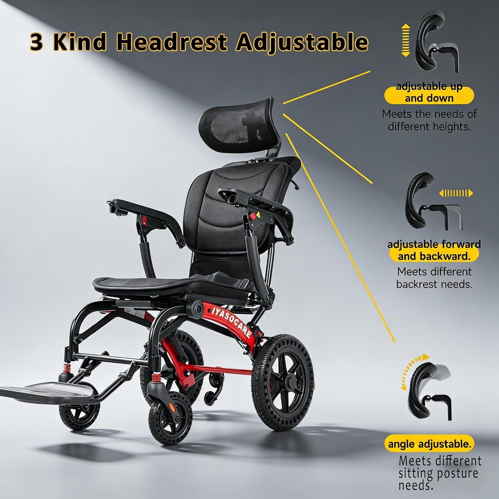 Transport Wheelchair Lightweight Foldable with Ergonomic Seat,Reclining Wheelchairs for Adults with Adjustable Headrest,Support 264LB Portable Compact Folding Travel Wheelchair,Only 28LB