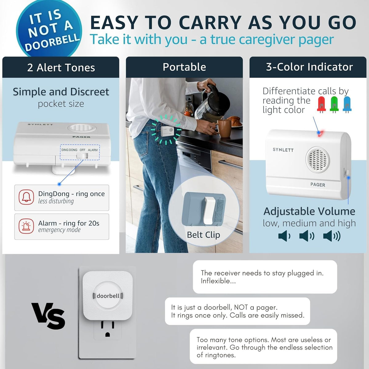 Caregiver Pager with 2 Call Buttons and 2 Pagers for Home Care