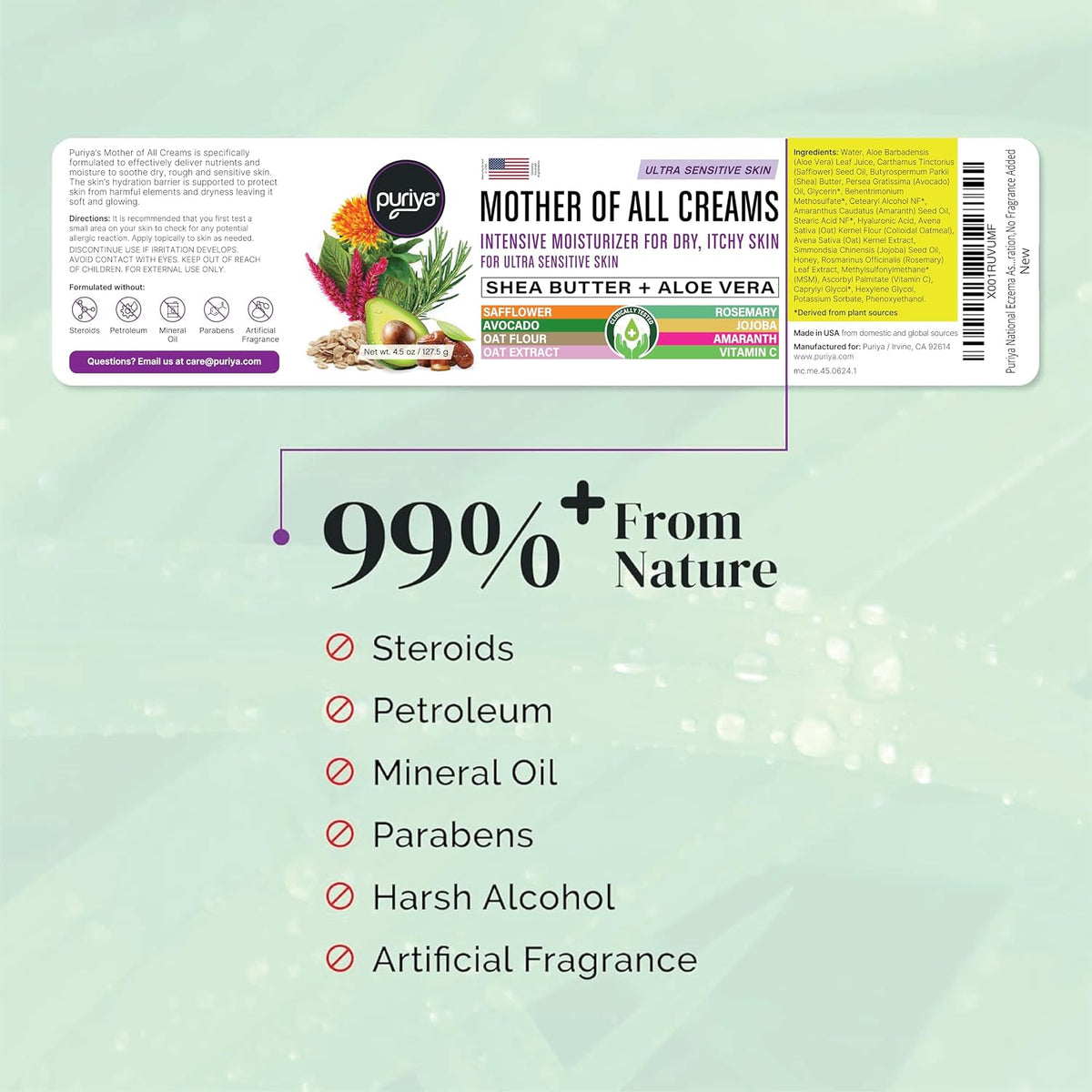 Puriya National Eczema Association Accepted Cream 4.5 oz, Dry Itchy Skin Relief, Colloidal Oatmeal Lotion, For Kids, Adults, Face, Hands, Mother of All Creams, Plant-Based Hydration,No Fragrance Added
