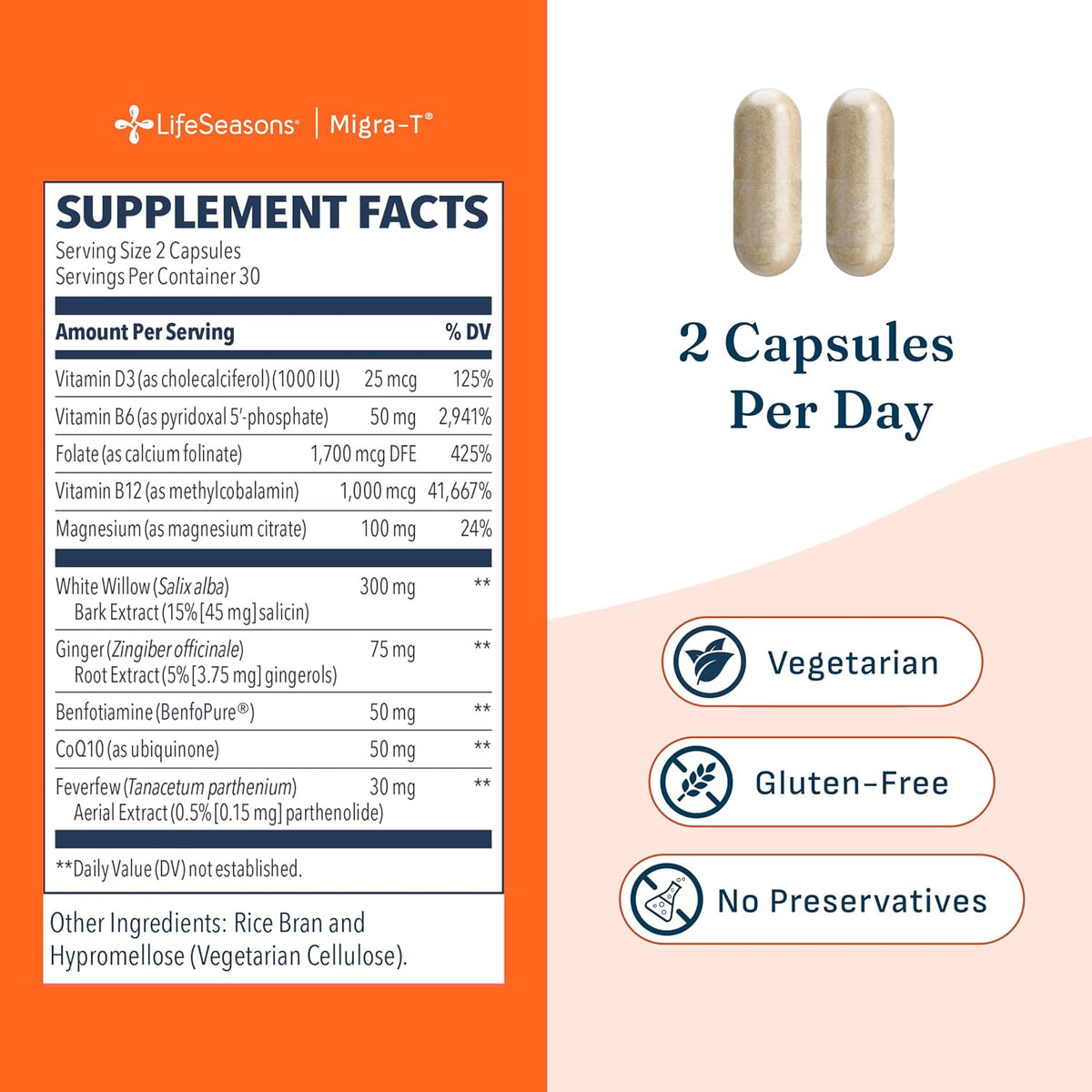 LifeSeasons Migra-T Tension Ease – Headache & Migraine Support Supplement with Feverfew, White Willow, Magnesium, CoQ10 & Ginger – Tension, Light Sensitivity & Nervous System Balance - 60 Capsules