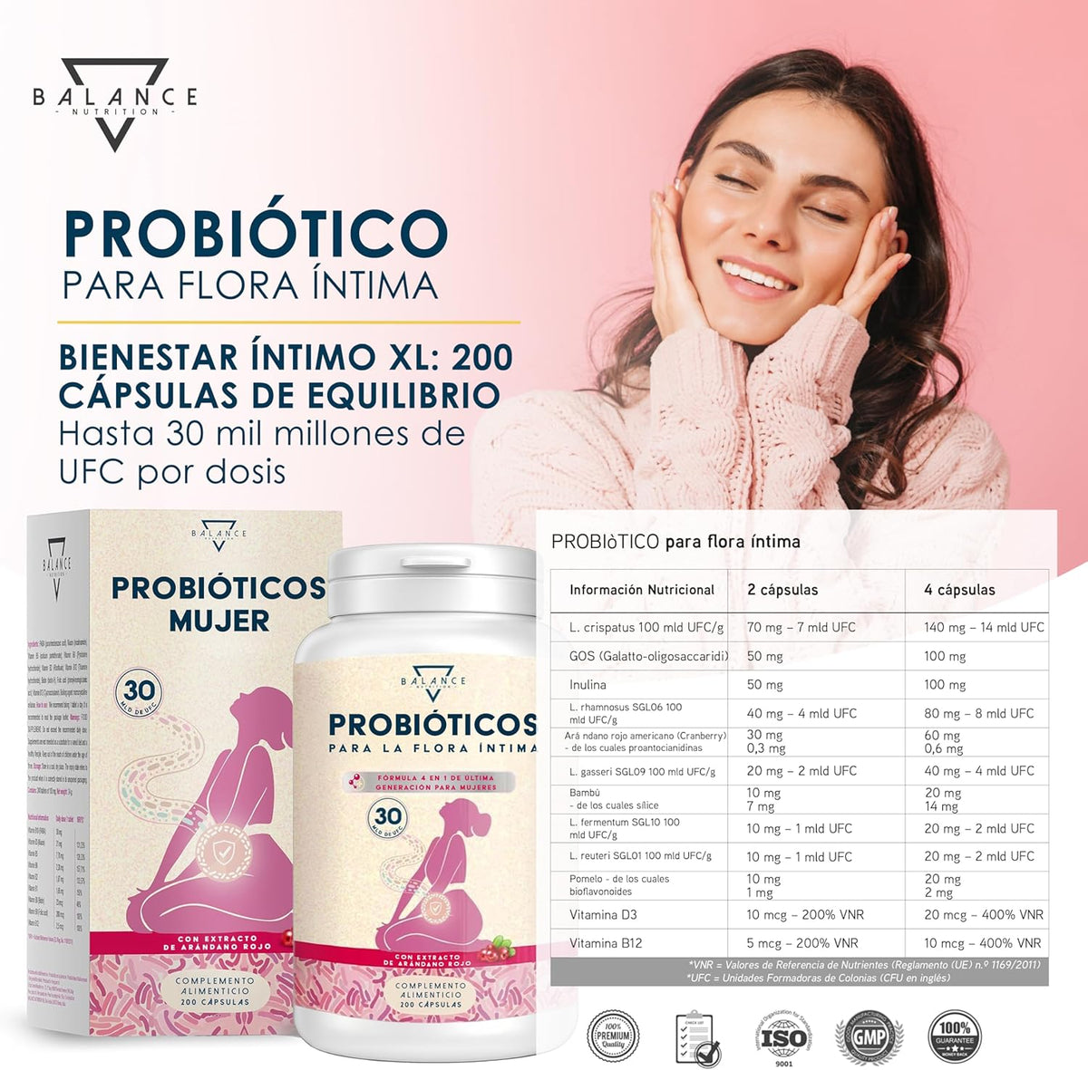 Women's Probiotics - 200 cps | Help for Bacterial Vaginosis, Candida and Cistitus | Intimate Flora Woman Probiotics | 30 Billion CFU/Day, Lactobacillus Reuteri, Rhamnosus, Crispatus, Cranberry