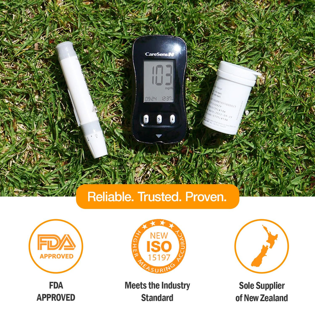 CareSens N Blood Glucose Monitor Kit with 100 Blood Sugar Test Strips, 100 Lancets, 1 Blood Glucose Meter, 1 Lancing Device, 1 Control Solution, Travel Case for Diabetes Testing for Personal Use