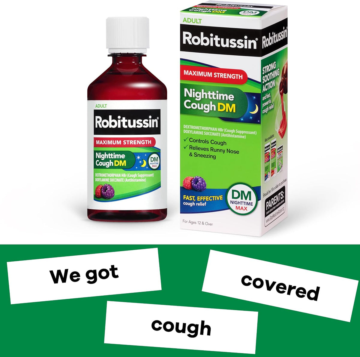 Robitussin Maximum Strength Nighttime Cough DM, Cough Medicine for Adults, Berry Flavor - 8 Fl Oz