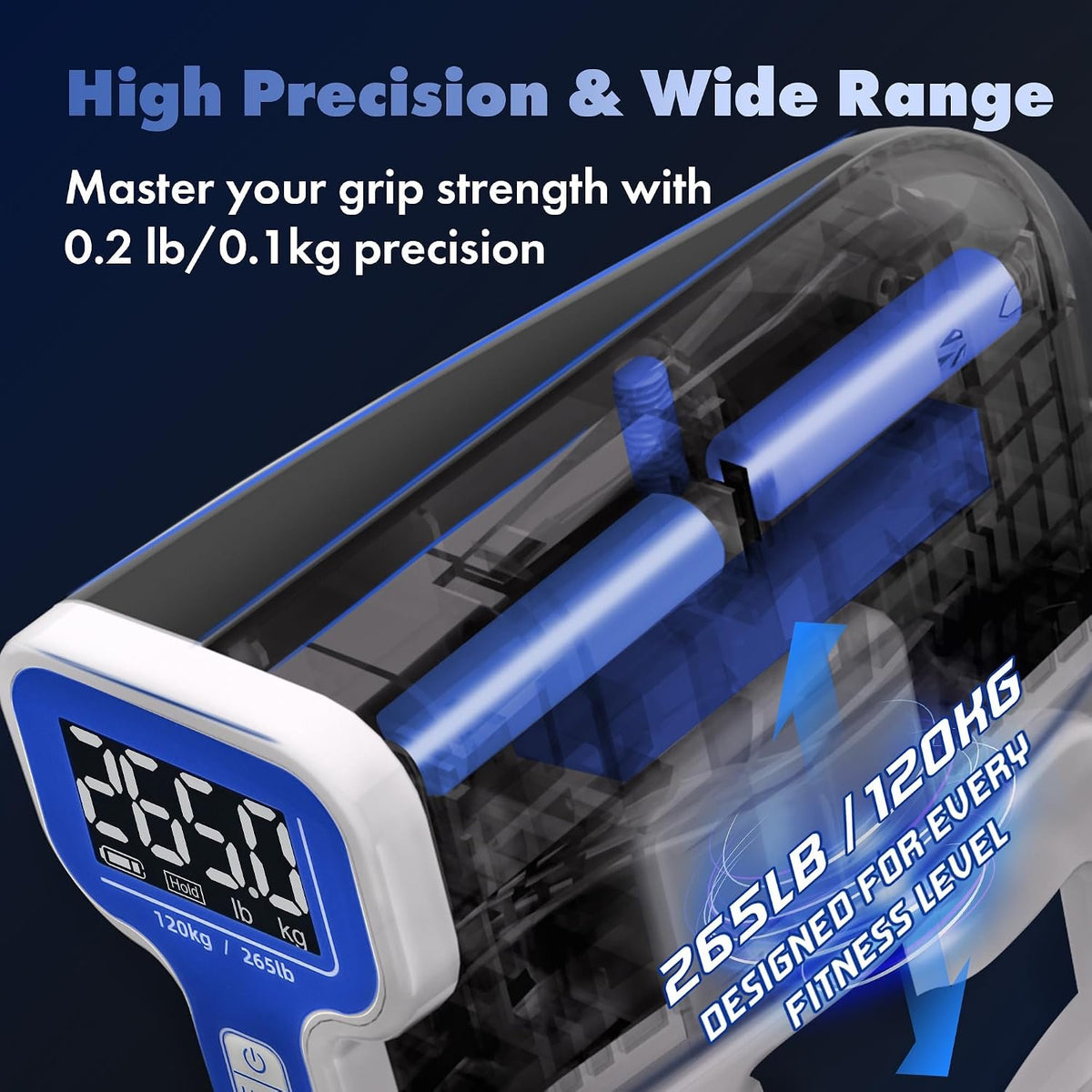 Digital Grip Strength Tester, 265 lb Hand Dynamometer, White | 265 lb Capacity; 0.2 lb Accuracy; Backlit LCD; Adjustable Grip; FDA Registered; 2-Year Warranty