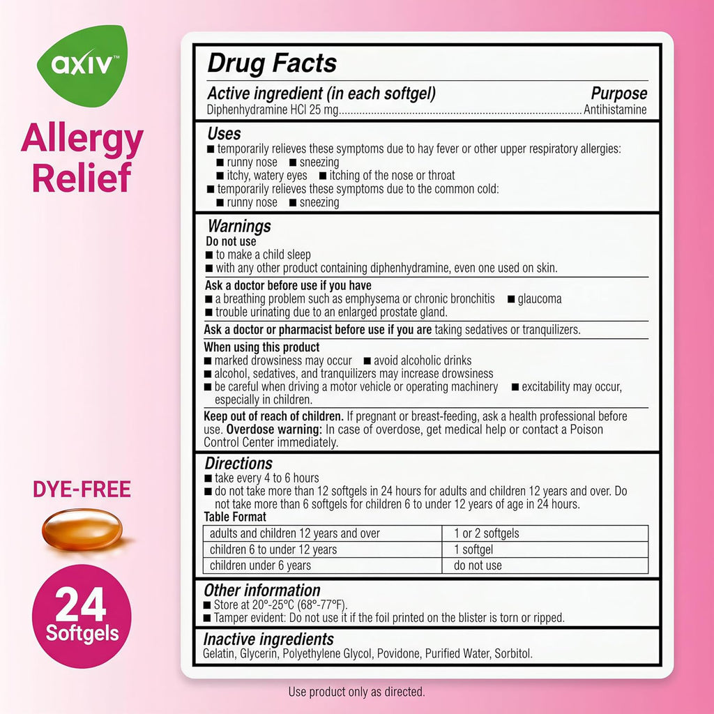 AXIV Allergy Relief Softgels, Antihistamine Medicine & Cold Symptom Relief, Dye-Free Liquid Gels, 25 mg Diphenhydramine HCl, Runny Nose, Sneezing, 24 Count (24 Softgels)