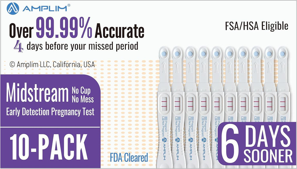 Amplim Midstream Pregnancy Test Stick, HCG Early Detection 6-Days Sooner, Extra Sensitive 10 MIU/mL 99.99% Accurate Result, 2-Sec Easy Home Tests, 10 Pack
