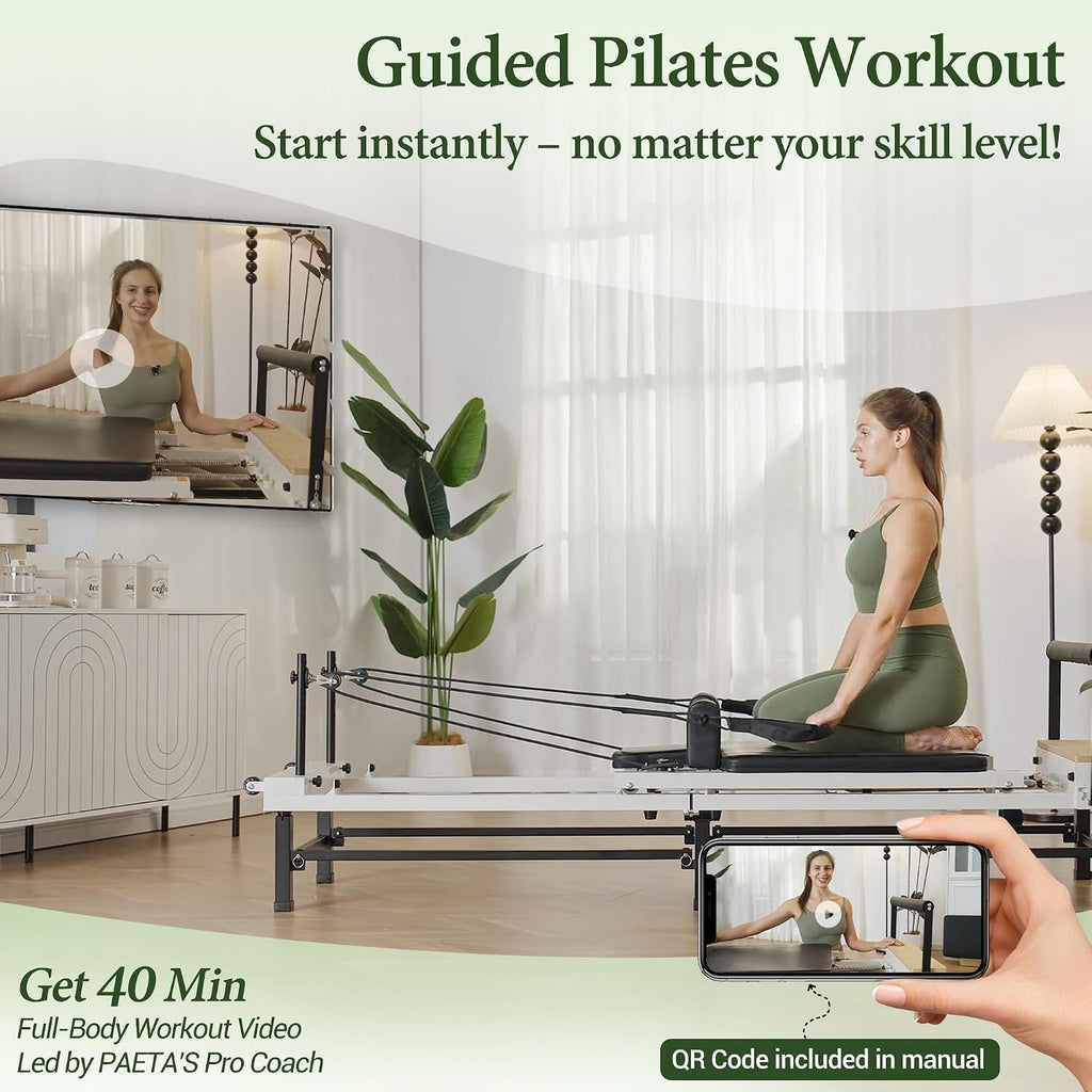 PAETA Pilates Reformer, 86" Foldable Reformer Pilates Machine with Adjustable Reformer Heights, Pilates Equipment with Music Wire Spings and Jump Boards
