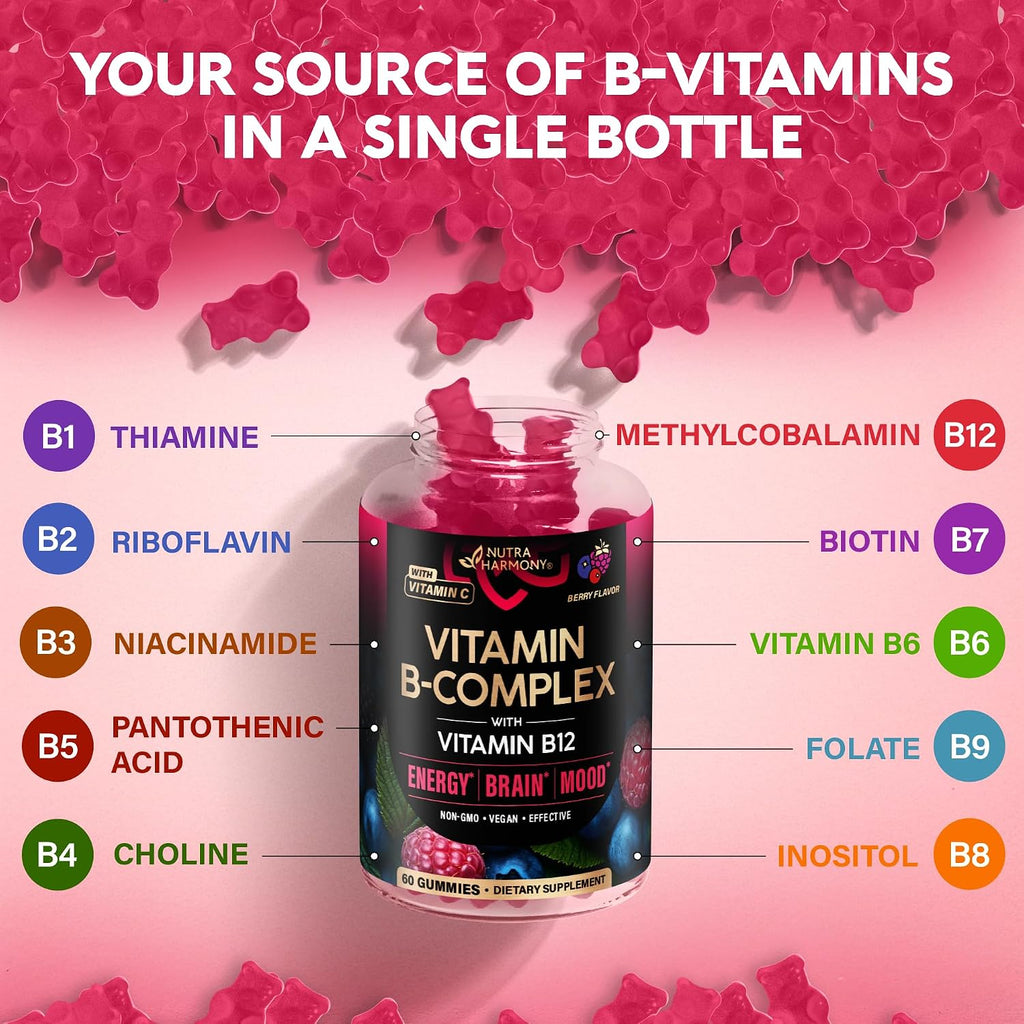 Vitamin B-Complex Gummies for Women & Men - Full B Complex & B12 - 60 Gummy | Vitamin B12, B1, B2, B3, B5, B6, B7 & B9 with Vitamin C & Choline - Energy, Brain & Mood - Natural Berry Flavor, Vegan