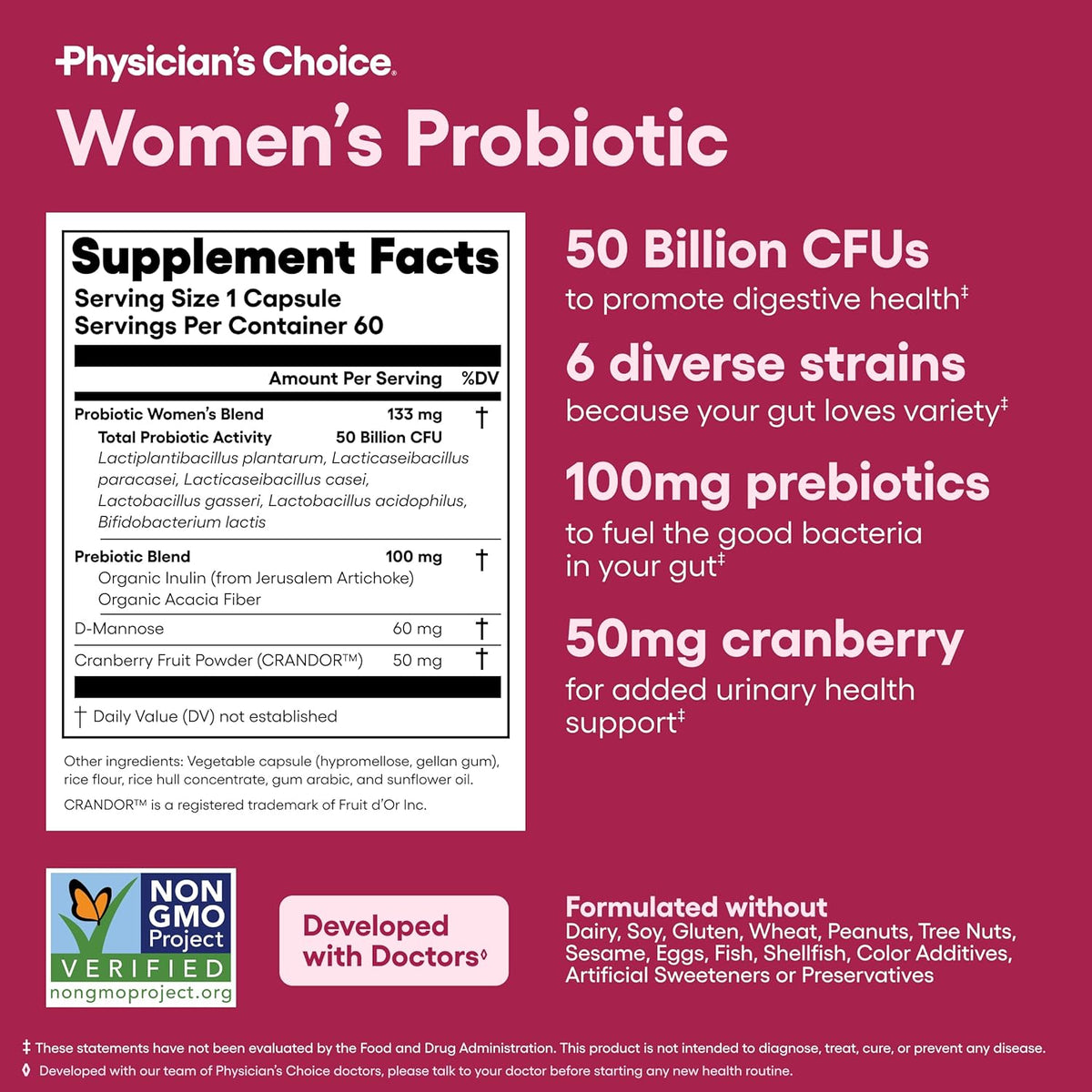 Physician's Choice Probiotics - PH Balance, Digestive, UT, & Feminine Health - 50 Billion CFU - 6 Unique Strains for Women - Organic Prebiotics, Cranberry Extract+ - Probiotic - 60 CT