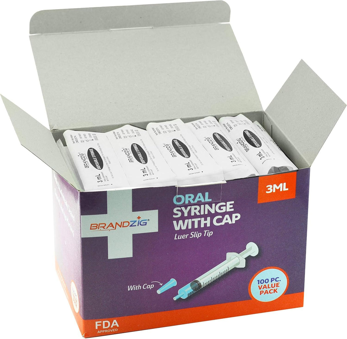 3ml Syringe With Cap (100 Pack) | Oral Dispenser Without Needle, Luer Slip Tip | Individually Wrapped Medicine Dropper For Infants & Pets