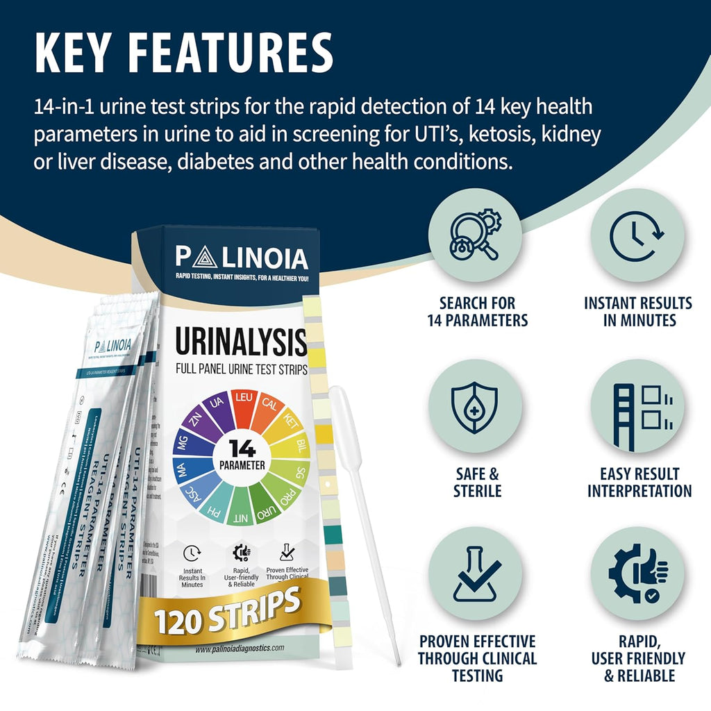 14-in-1 Full Panel Urine Test Strips for Urinalysis | 120 Strips in Resealable Pouches – Test for Kidney Health, Liver Function, UTI, Ketosis, Hydration, and Protein Levels