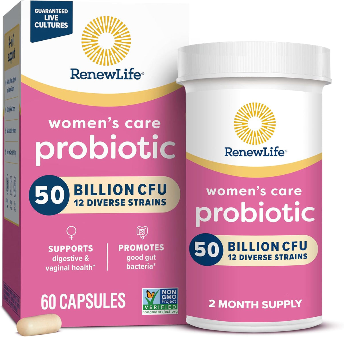 Renew Life Women's Probiotic Capsules, 50 Billion CFU Guaranteed, Supports pH Balance, Vaginal, Urinary, Digestive and Immune Health(2), L. Rhamnosus GG, Dairy, Soy and Gluten-Free, 60 Count