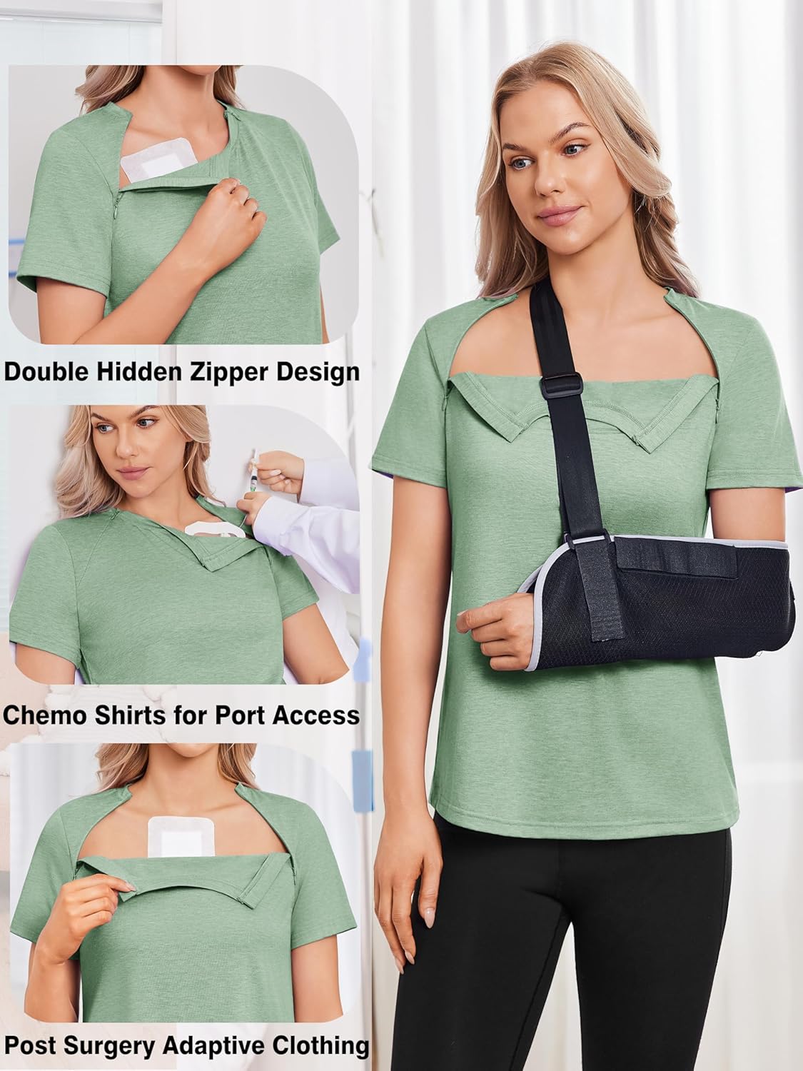 Deyeek Chemo Shirts for Port Access Women with 2 Hidden Side Zippers Post Surgery Short Sleeve Tear Away Adaptive Top Tees