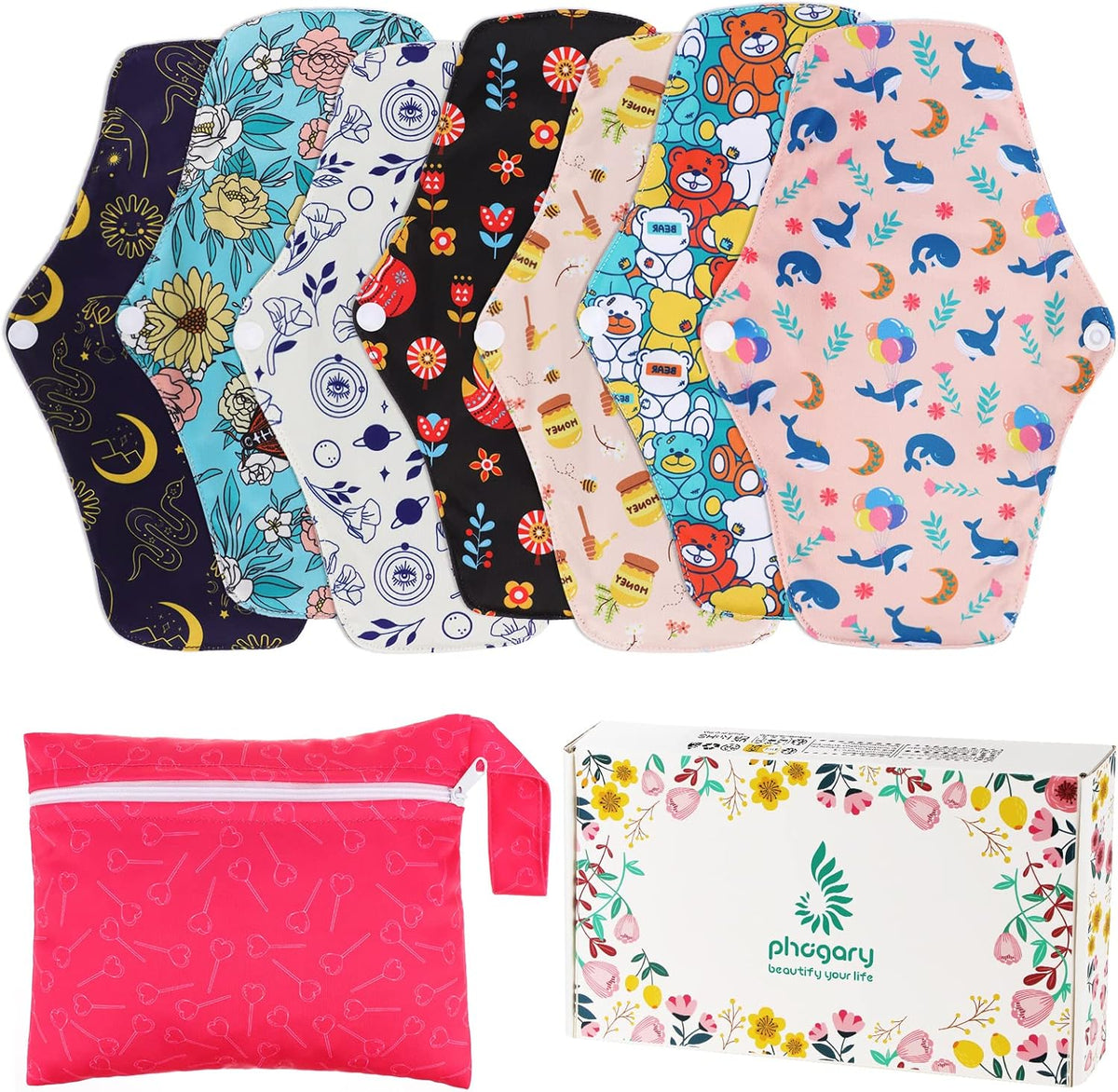 PHOGARY 7 Pack Reusable Menstruation Pads, Washable Night Pads for Abundant Menstrual Flow, Cotton Liner with Wings for Night, Sports and Postpartum Care