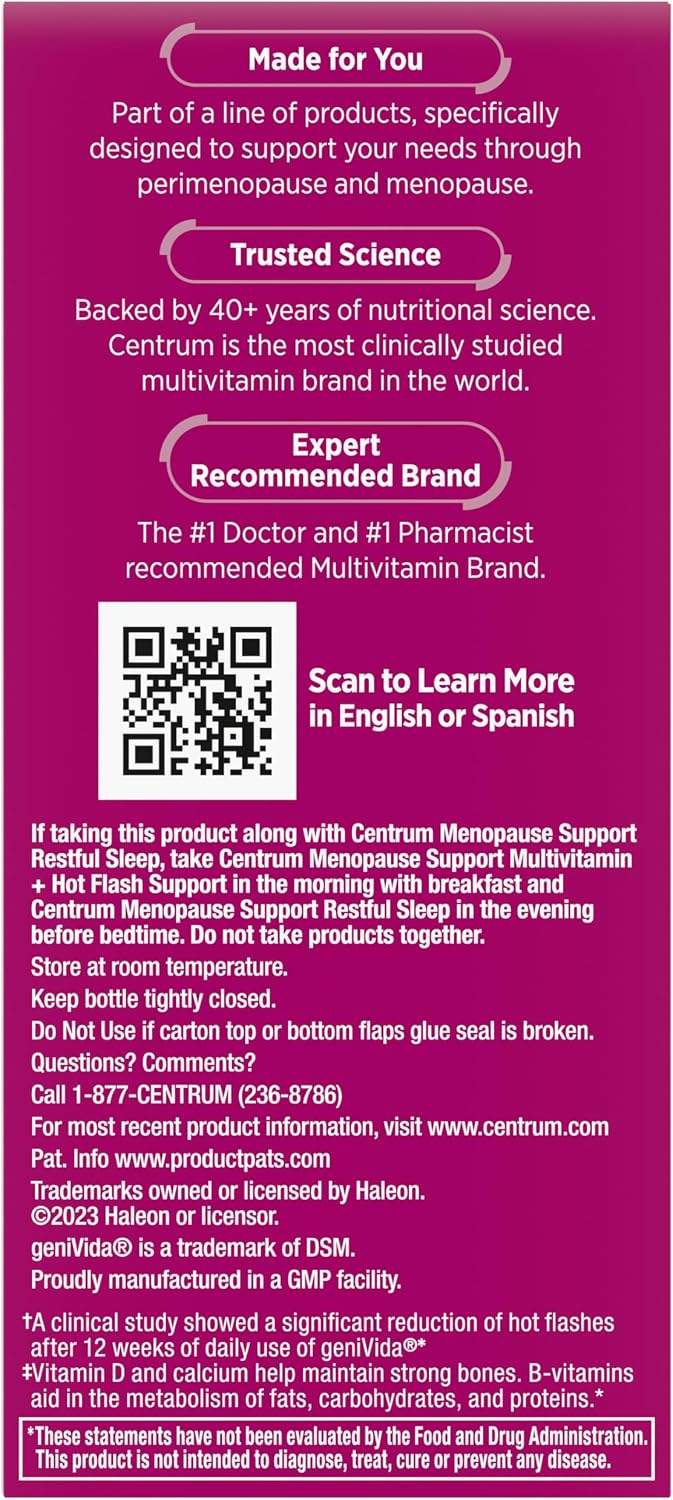 Centrum Complete Multivitamin Supplement, 30 Count | Hot Flash Support Menopause Support Tablets, with Clinically Studied geniVida, Gluten Free, Non-GMO Ingredients