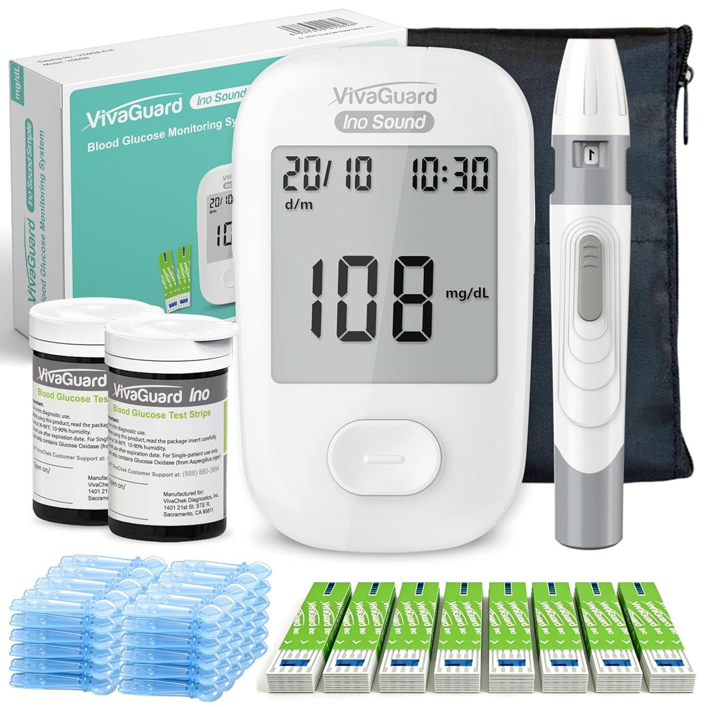 VivaGuard Talking Blood Glucose Monitor Kit, 100 Strips & 100 Lancets | Voice Guidance for Senior and Poor Vision, 1000 Large Memory, No Coding, Large Display,Carrying Case Portable for Travel
