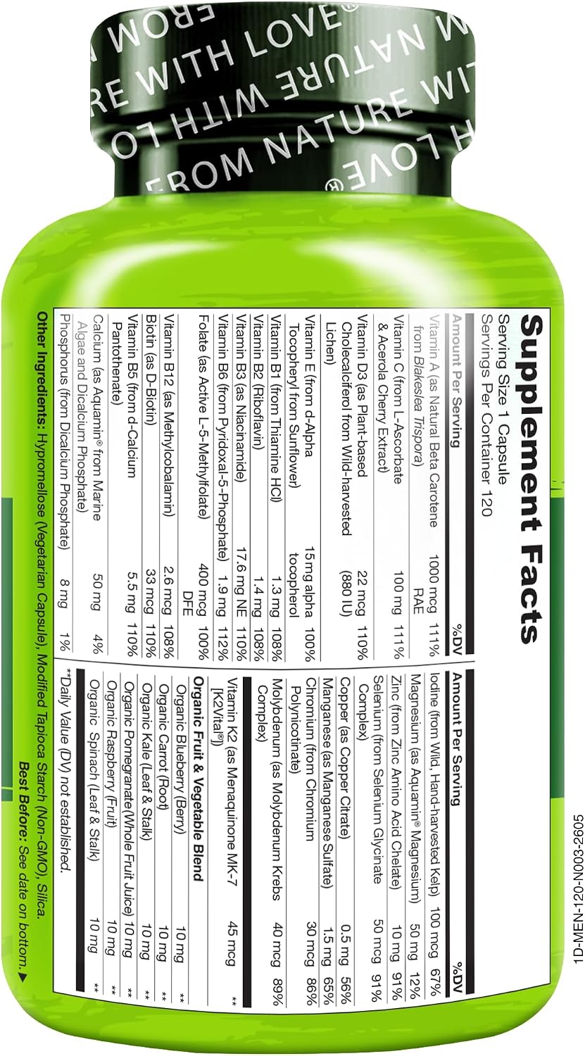 NATURELO Multivitamin for Men - One Daily, 120 Vegetarian Capsules | Vitamins, minerals & organic whole foods, non-GMO