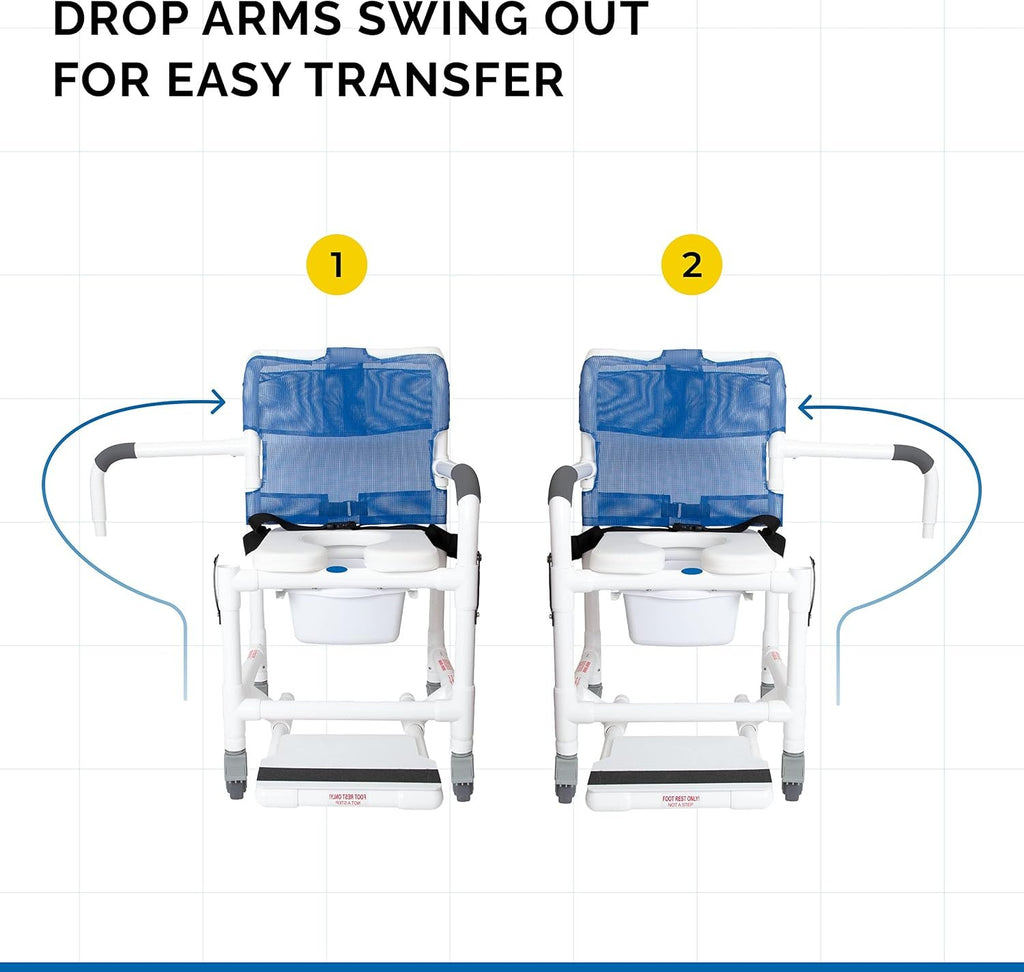 Institutional Grade Rolling Shower Commode Chair with Wheels & Drop Arms – Padded Seat, Locking Casters, Sliding Footrest, Seat Belt – Fits Over Toilet – 300 lb Capacity – DL-1