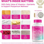 Pink Stork Total Postnatal Vitamins for Women, 60 Capsules, Berry | Clean Label Award, Vegan Algae DHA, No Fishy Burps, Methylated Folate, Iron, Gentle on Stomach, Postpartum + Lactation